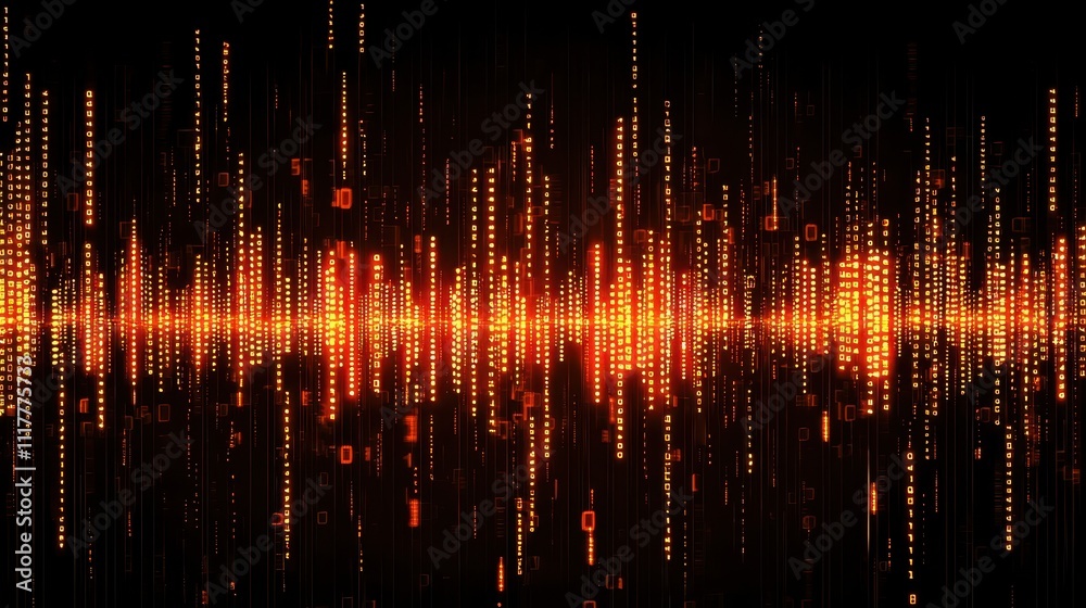 Poster dynamic stream of flowing binary code illuminated in vibrant orange and black background
