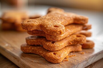 A pile of dog biscuits on a cutting board, perfect for baking and cooking with your furry friend