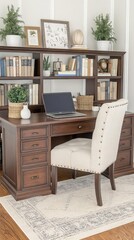 A cozy home office setup featuring a wooden desk, chair, and bookshelves.