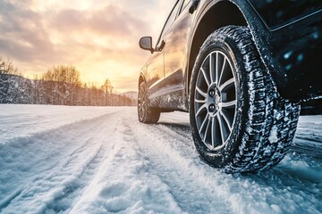 Black Car with Winter Tires on Snowy Road at Sunset. AI generated illustration