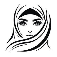 Black and white minimalistic lines face and eyes of a woman wearing a niqab. Muslim womans face silhouette. With hicab. Isolated vector design on white background.