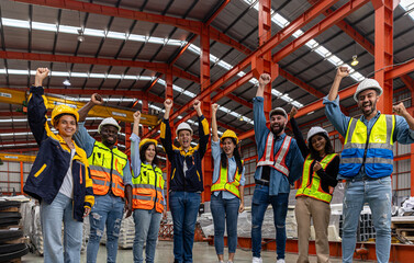 A group of mechanical engineers from different cultures and ethnicities get together in front of...