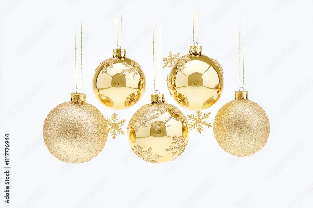 Poster a cluster of shiny gold christmas ornaments suspended from strings