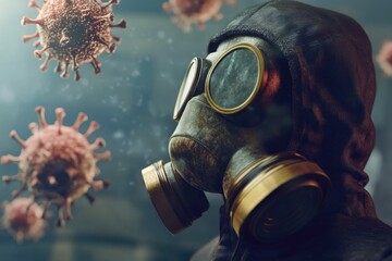 A person wearing a gas mask and goggles, likely working in a hazardous environment