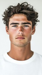 Obraz premium A young man stands confidently, showcasing his curly hair and striking facial features. He wears a plain white t-shirt and has a neutral expression, creating a calm atmosphere