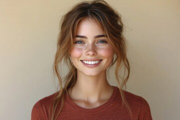 Fototapeta premium Portrait of a happy woman with long hair, smiling at the camera
