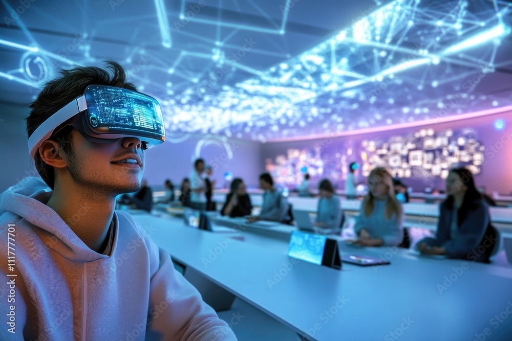 Poster A person using a virtual reality headset at a desk, with a calm and focused expression