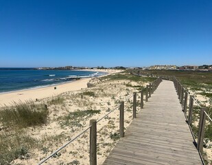 Porto, Portugal - June 14, 2024 wooden Way of Saint James from Porto near the ocean.