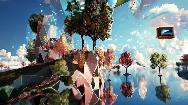 Colorful trees grow from crystalline islands as old televisions float through the sky. A surreal landscape morphs and changes