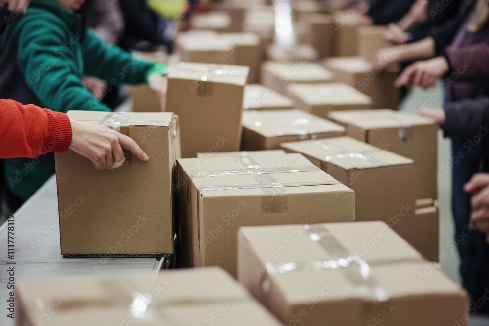 Poster a group of workers stand near stacked boxes on a conveyor belt in a warehouse setting