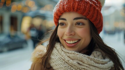 A woman wearing a red hat and scarf, possibly for a winter or festive occasion