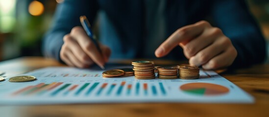 Close up of a person's hand pointing at stacks of coins on a table with a chart and a pen.