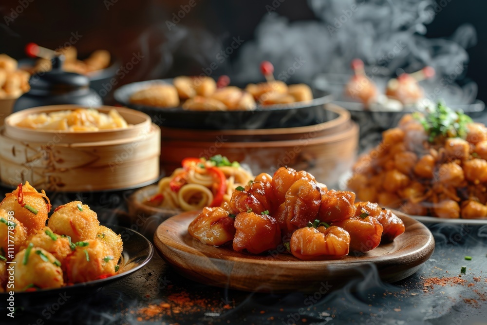 Poster a table set with plates of food and various sauces, ideal for use as background or illustration