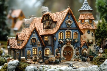 Fototapeta premium A whimsical, intricately designed cottage with warm lights and charming details.