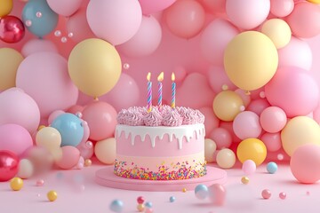 3D Cartoon Birthday Background with Cake and Balloons. AI generated illustration