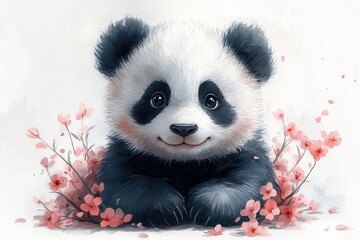 A cute panda surrounded by delicate pink flowers, evoking a sense of joy and tranquility.