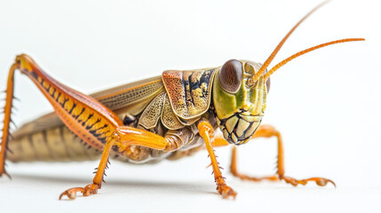 Close-up of a colorful grasshopper with intricate patterns on its body against a white background, showcasing its vibrant wings and antennae.