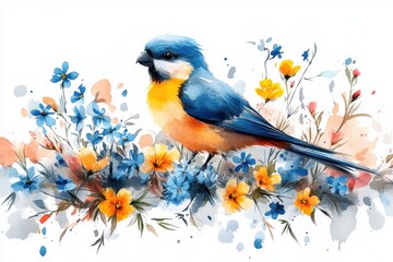Obraz premium A colorful bird perched among vibrant flowers in a watercolor illustration.