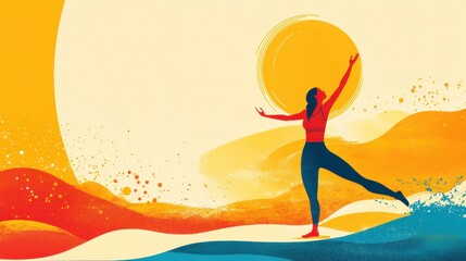 Fitness workout routines design. Vibrant silhouette of a dancer against a colorful sunset backdrop.