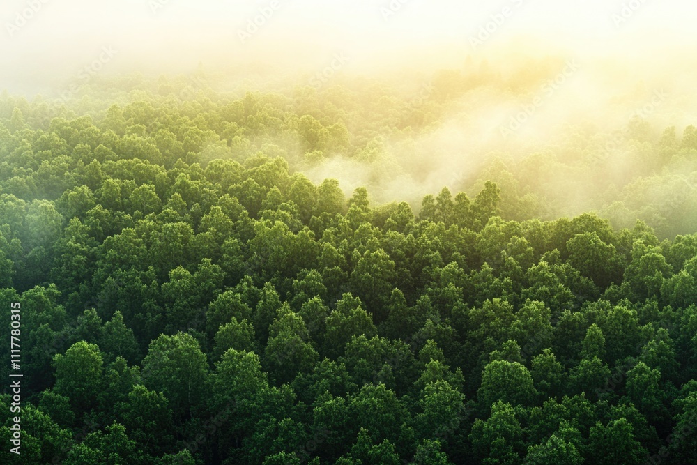 Poster aerial view of a forest covered in fog, great for use in environmental or nature-themed projects