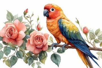 A vibrant parrot perched on a branch surrounded by blooming roses in a watercolor style.
