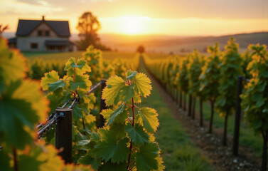 Countryside vineyard at sunrise, with rows of grapevines stretching into the distance