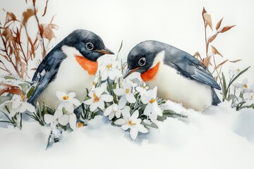 Naklejka premium Two birds with orange throats amidst snow and flowers.
