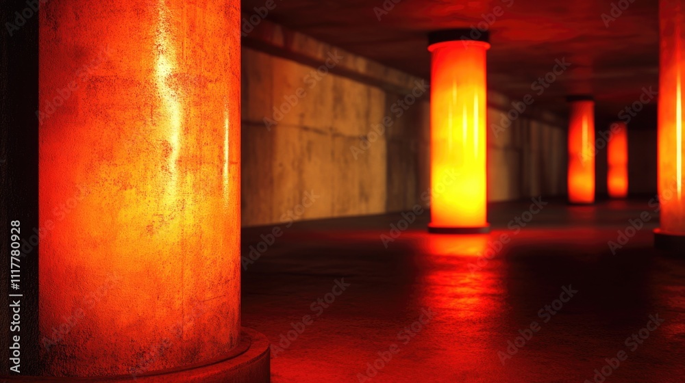 Poster Rows of orange columns in a dimly lit room