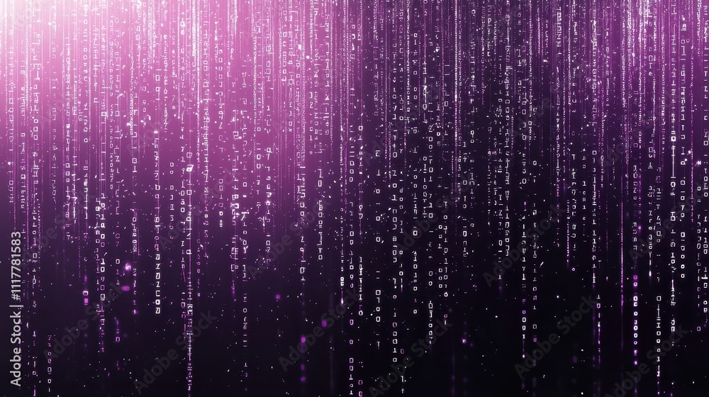 Poster flowing dynamic stream of illuminated binary code against a purple background
