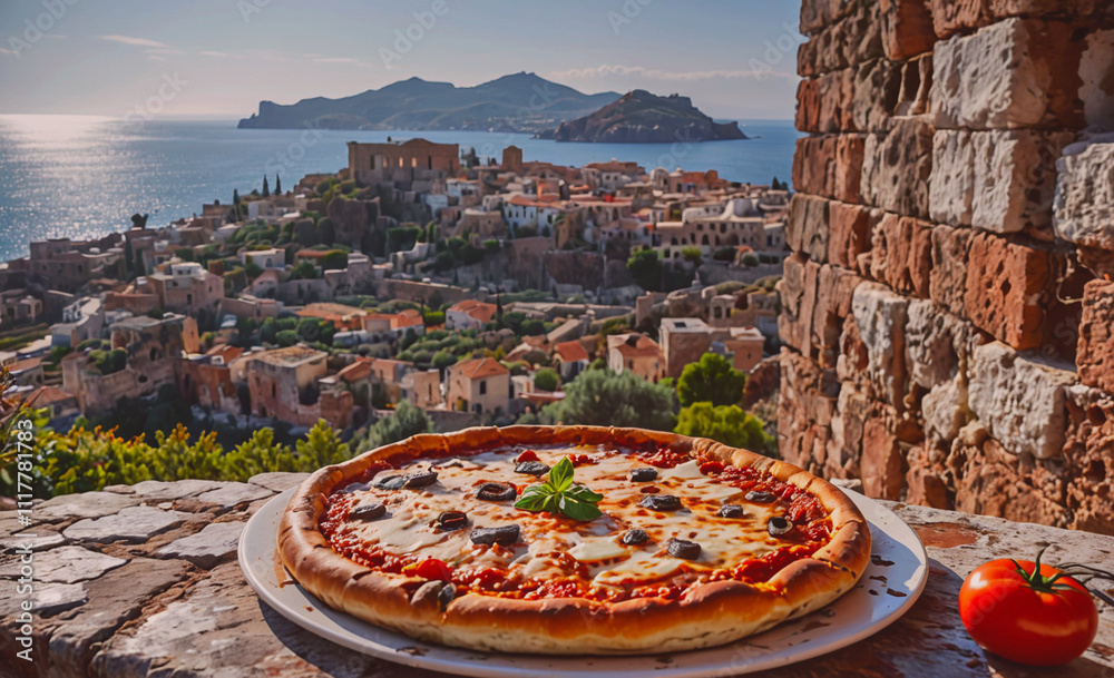 Aufkleber a large pizza with a variety of toppings sits on a white plate on a brick wall. the pizza is surroun