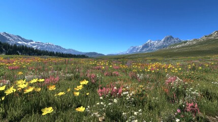 Vibrant Wildflower Meadow with Majestic Mountain Backdrop.