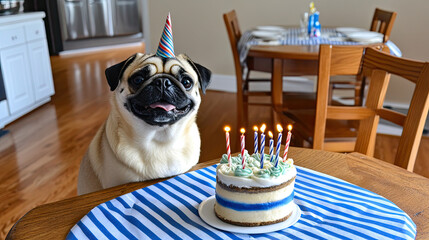 pug birthday funny hat and cake