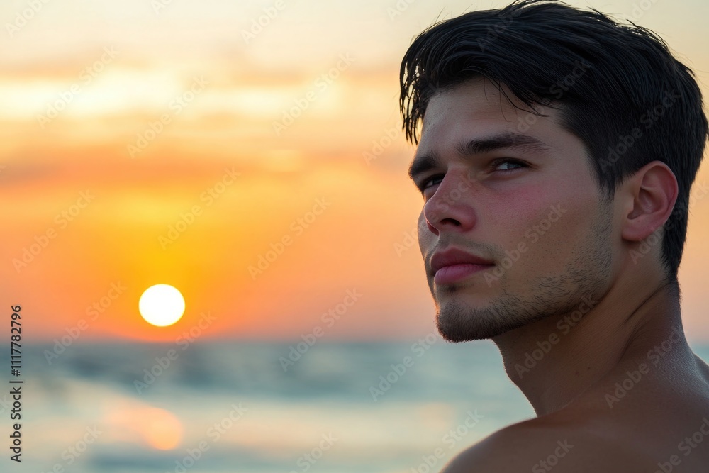 Poster a person standing alone on a beach as the sun sets in the background
