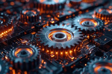 Close-up view of a computer motherboard with visible gears, perfect for tech and innovation concepts