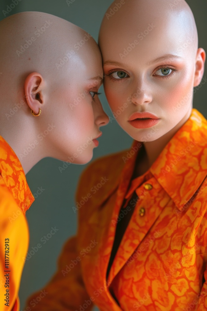 Poster a portrait of two women, one with a bald head, embracing and showing affection