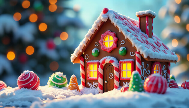 A whimsical gingerbread house adorned with colorful candy in a snowy setting, evoking holiday cheer and magic. AI generated.