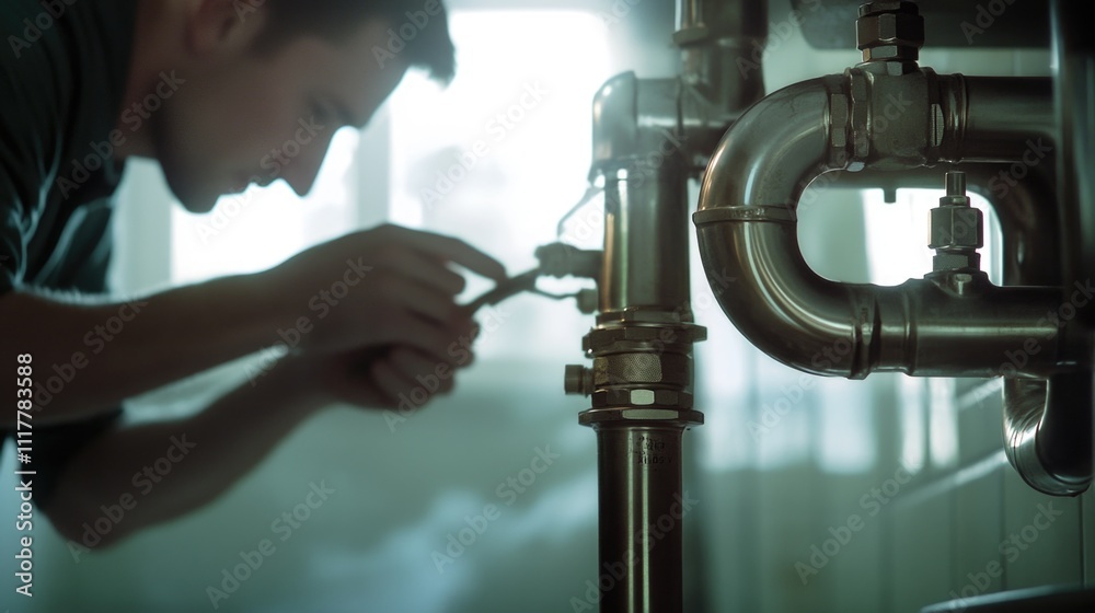 Poster a person fixing a pipe in a room with tools and equipment