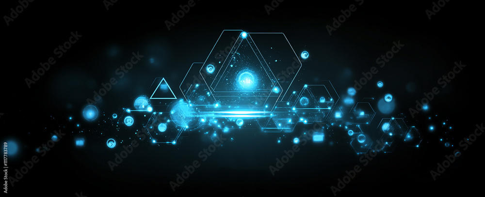 Poster futuristic blue digital abstract design featuring glowing shapes and particles in a dark background