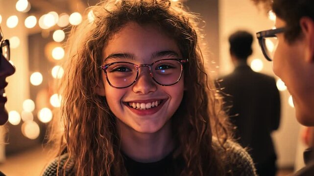 A Moment of Connection: A young woman with glasses radiates warmth and genuine happiness as she connects with friends, creating a relatable and heartwarming scene.