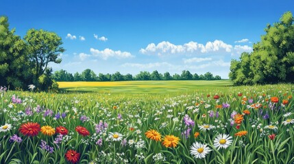 Obraz premium Vibrant Summer Meadow Landscape with Blooming Wildflowers.