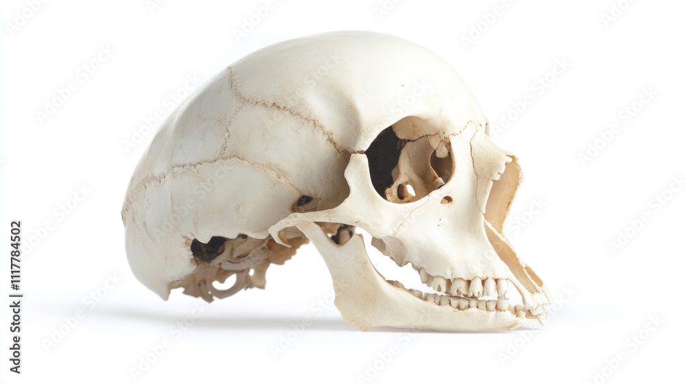 Poster a detailed image of a human skull on a white surface, suitable for use in various medical or scienti