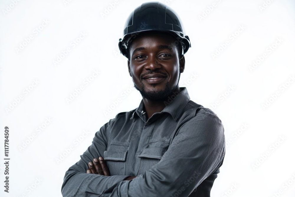Poster man in protective gear standing with arms crossed, focused on the task at hand