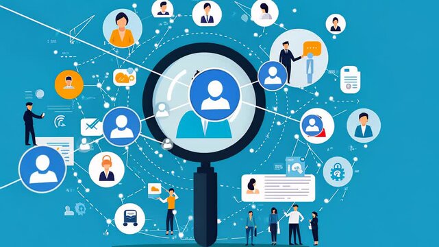 HRM or Human Resource Management, Magnifier glass focus to manager icon which is among staff icons for human development recruitment leadership and customer target. resume, interview