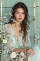 Fototapeta premium Woman in a delicate gown sits inside a golden cage surrounded by flowers. Concept of elegance and beauty in a serene setting. For fashion photo themes