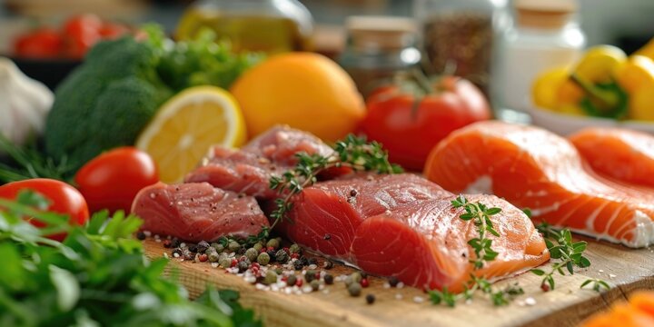 Fresh ingredients arranged on a wooden cutting board, perfect for meal prep or cooking demonstrations