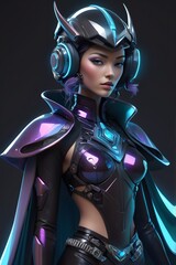 Futuristic Female Cyborg in Neon-Lit Armor: A Digital Art Masterpiece