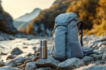 A backpack and water bottle sitting on a rocky beach, great for outdoor adventure and travel images