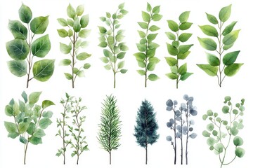Naklejka premium A collection of watercolor illustrations of various green leaves and branches.