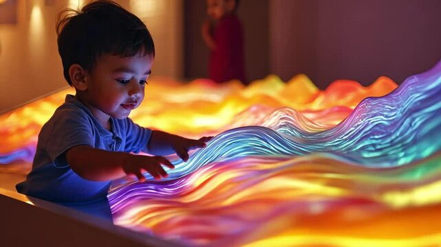 Little Explorer's Sensory Playground: A young boy, filled with wonder and curiosity,  explores a vibrant, interactive sensory play space.