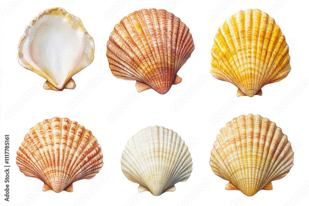 Poster six different types of seashells arranged on a white background